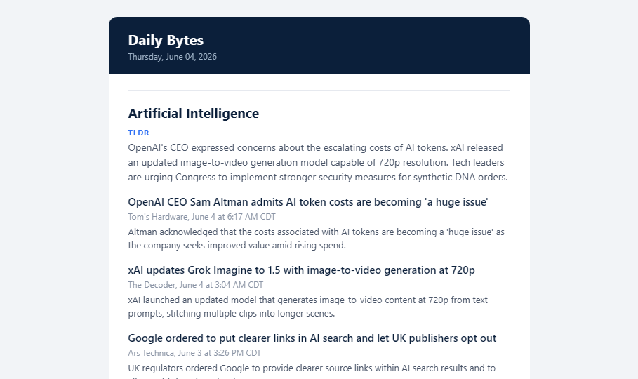 Daily News Bytes — topic sections with headlines